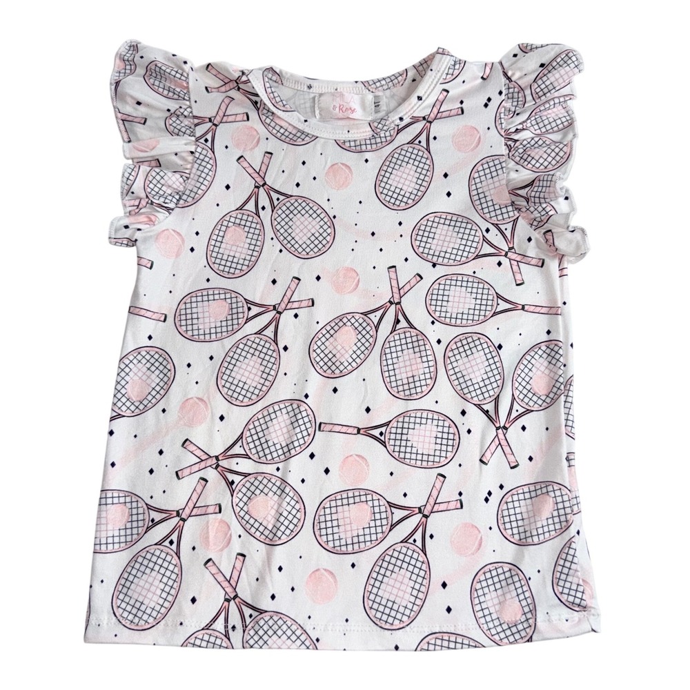 Mila & Rose Ruffle Sleeve Top Kids 4T White Pink Tennis Racket Print